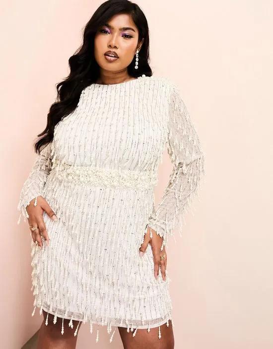 ASOS LUXE Curve faux pearl embellished long sleeve mini dress with bow back in white