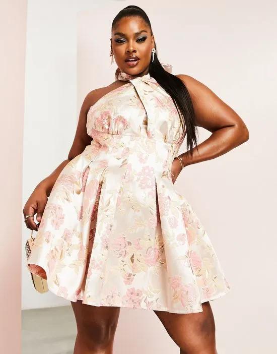 ASOS LUXE Curve halter neck mini jacquard swing dress in pink floral