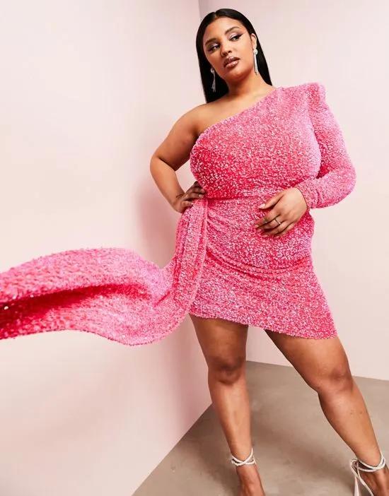 ASOS LUXE Curve one shoulder asymmetric draped mini dress in pink sequin