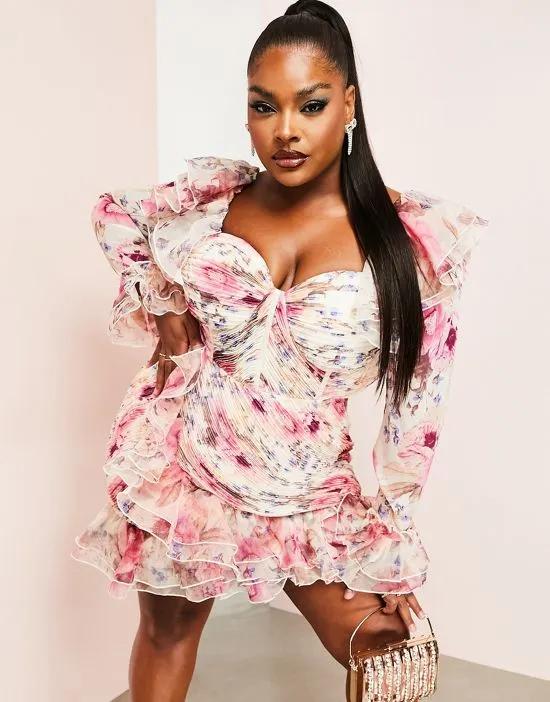 ASOS LUXE Curve organza ruffle ruched long sleeved mini dress in floral print