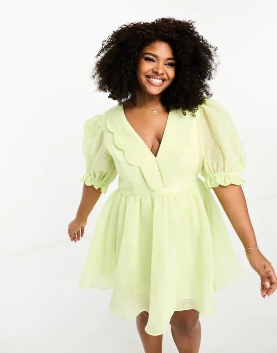 ASOS LUXE Curve scalloped v-neck organza skater mini dress in yellow