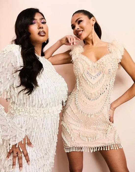 ASOS LUXE encrusted mini dress with faux pearl embellishment and faux feather straps in blush