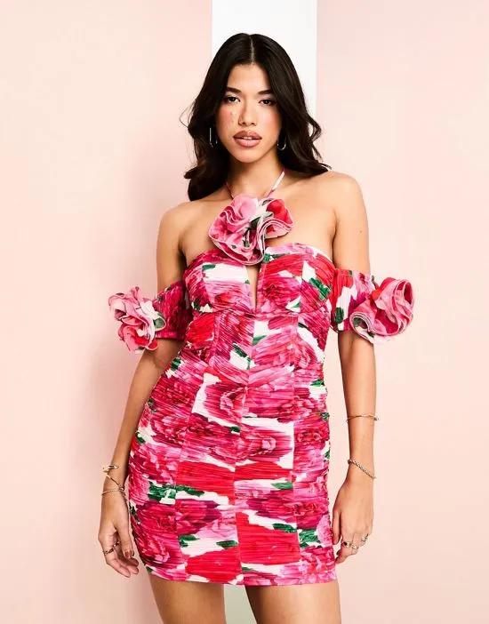 ASOS LUXE halter ruched mini dress with corset bodice & corsage detail in rose print