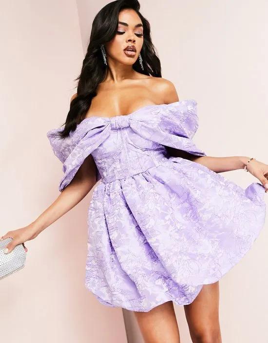 ASOS LUXE jacquard bardot corsetted bubble hem mini dress in lilac