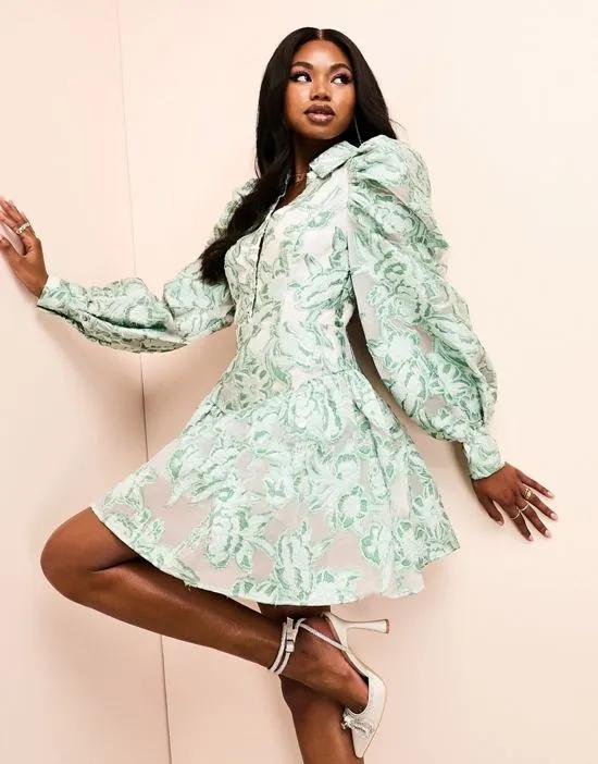 ASOS LUXE jacquard mini dress with collar detail & puff sleeves in green & silver
