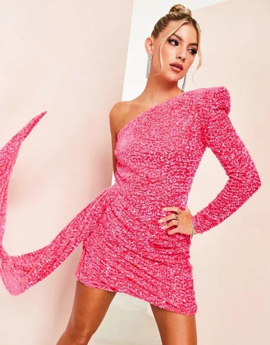 ASOS LUXE one shoulder asymmetric draped mini dress in pink sequin