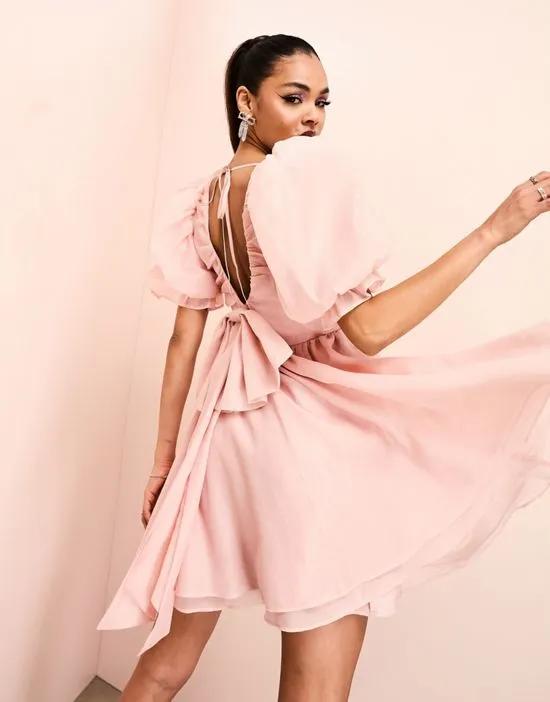 ASOS LUXE plunge puff sleeve mini dress in blush