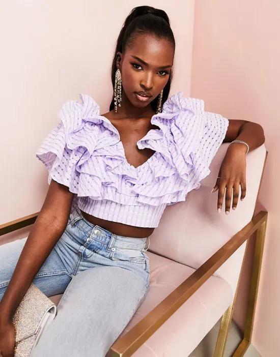 ASOS LUXE plunge triple ruffle top in lilac gingham organza