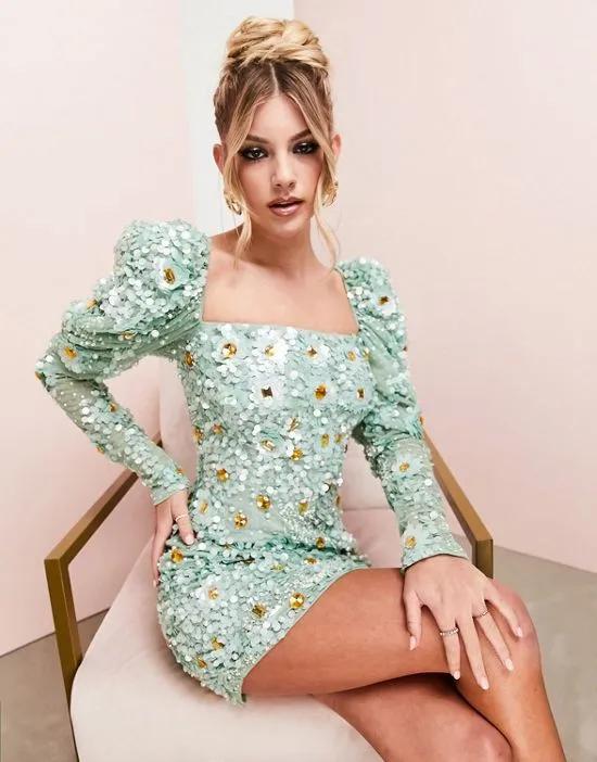 ASOS LUXE puff sleeve flower embellished mini dress in white and green