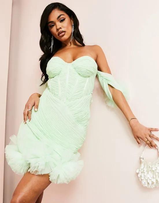 ASOS LUXE ruched corsetted off shoulder mini dress with tulle corsage sleeves & hem in mint