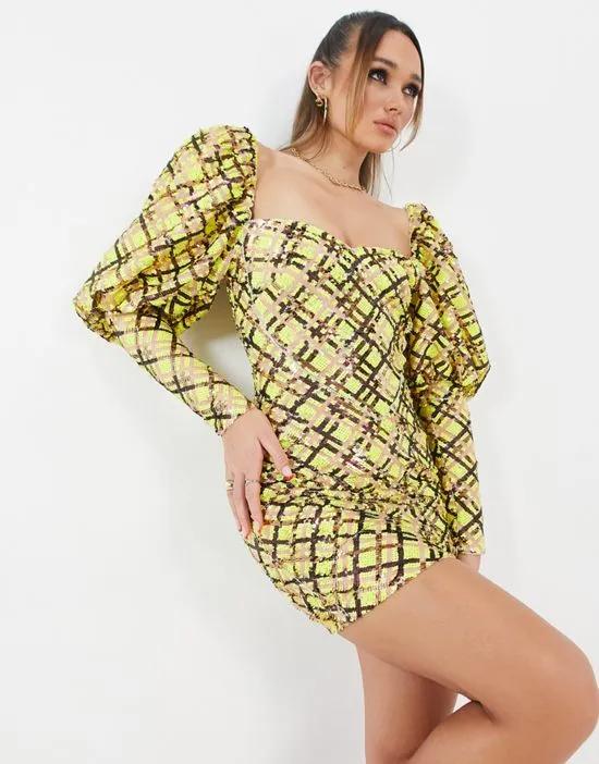 ASOS LUXE sequin embellished love heart puff sleeve mini dress in check