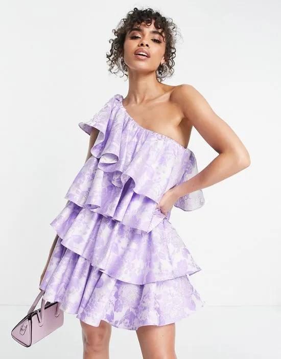 ASOS LUXE super ruffle one shoulder jacquard mini dress in lilac