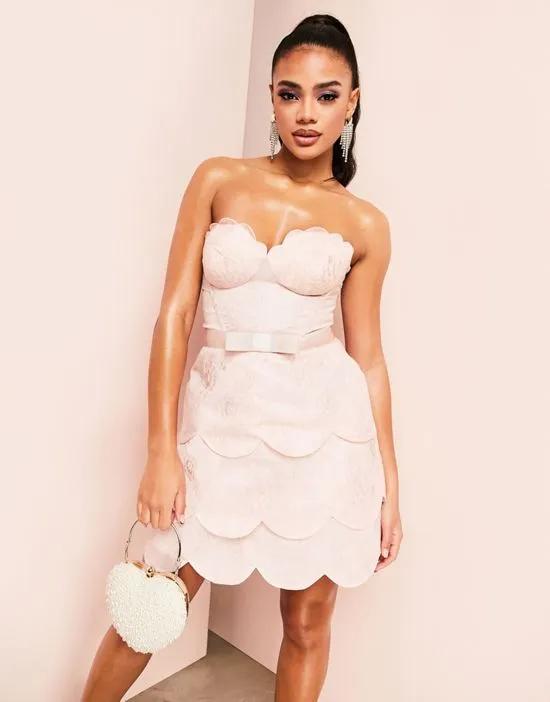 ASOS LUXE sweetheart neck belted mini dress with scalloped hem in blush