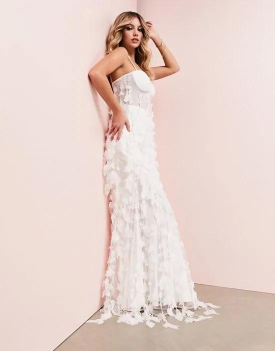 ASOS LUXE Wedding 3D fringe cupped fishtail maxi dress in white