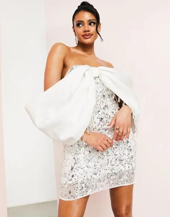 ASOS LUXE Wedding bardot sleeve embellished crusted mini dress in white