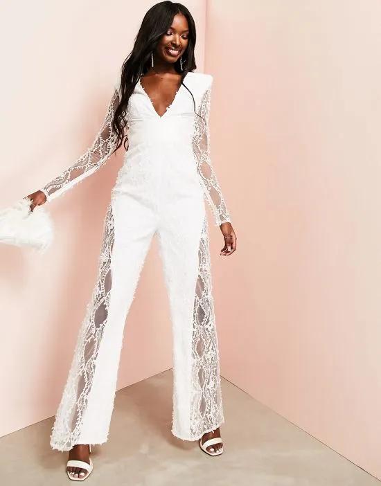 ASOS LUXE Wedding embellished lace plunge jumpsuit
