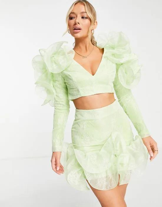 ASOS LUXE wired ruffle shoulder lace top in lime- part of a set