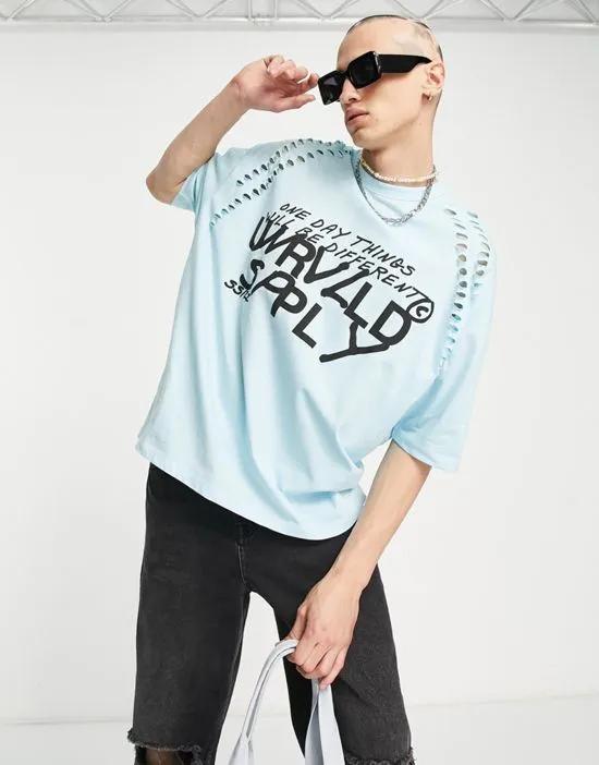 ASOS Unrvlld Spply oversized t-shirt with logo print and cut out detail in light blue