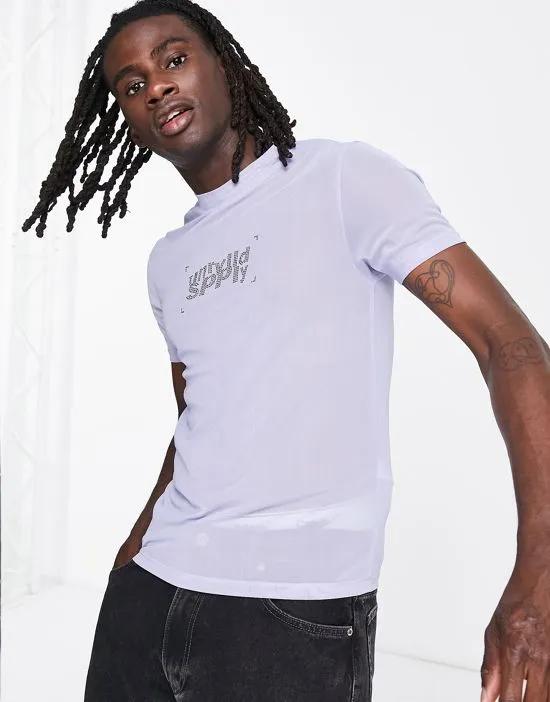 ASOS Unrvlld Spply skinny T-shirt in power mesh with diamante logo in lilac