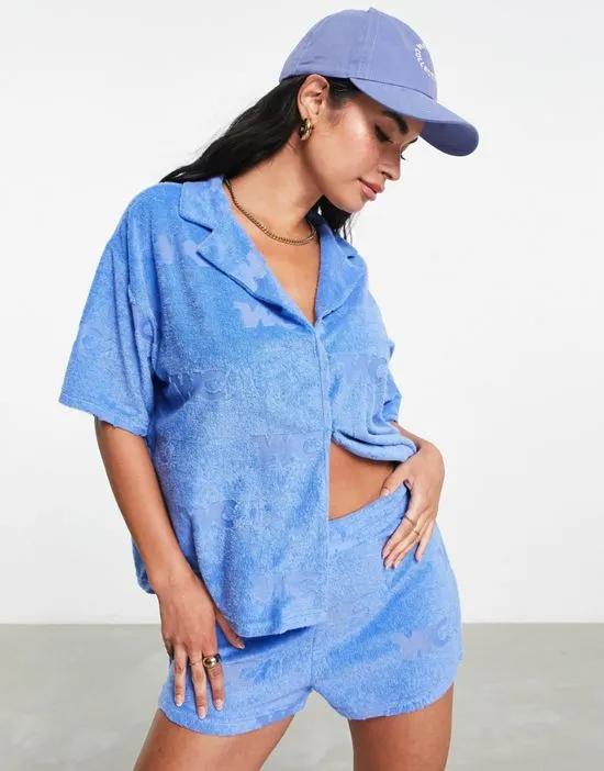 ASOS Weekend Collective oversized shirt in towelling with short sleeves in WCA burnout in blue