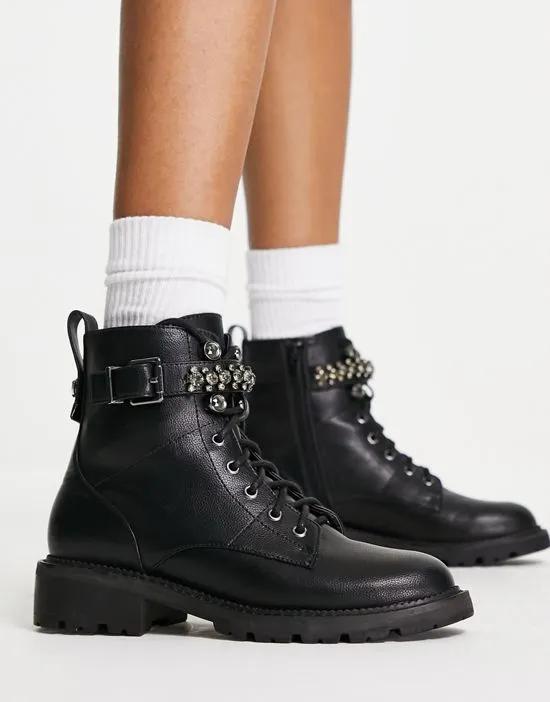 Astonish embellished strap lace up ankle boots in black