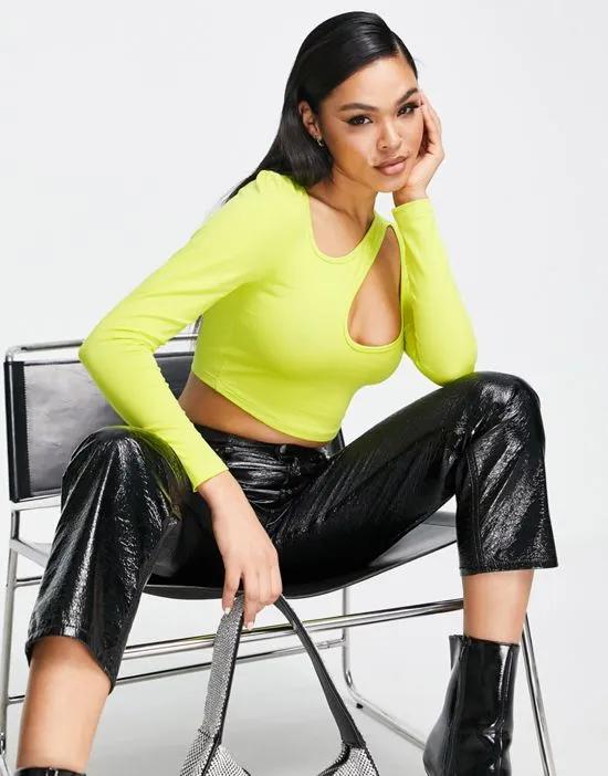 asymmetric crop top with long sleeve and keyhole in lime