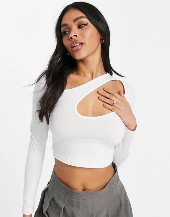 asymmetric crop top with long sleeve and keyhole in white