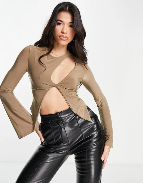 asymmetric cut away chest long sleeve top in taupe