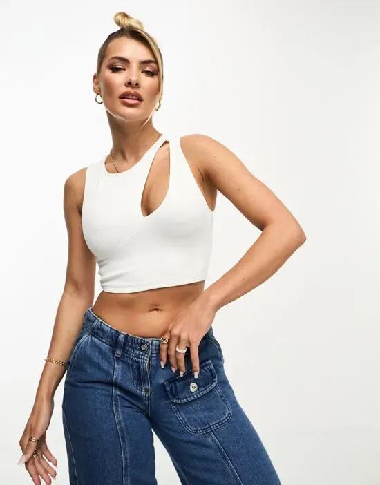 asymmetric cut out crop racer tank top in off white