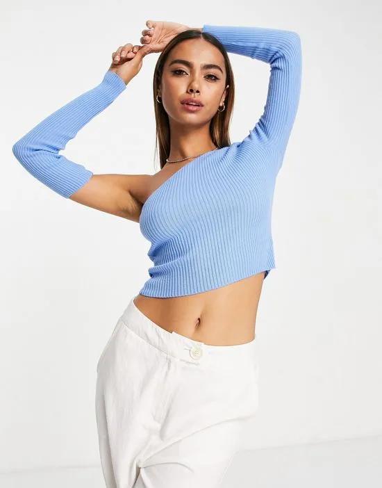 asymmetric long sleeve ribbed knit top in blue