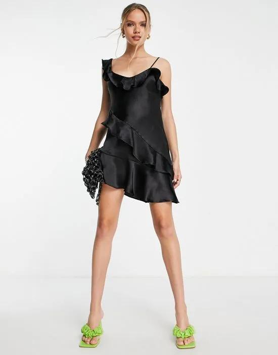 asymmetric mini slip dress in black