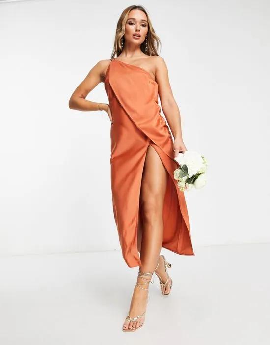 asymmetric overlay midi dress with front slit in rust