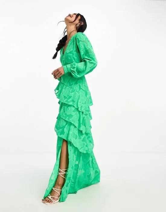 asymmetric ruffle jacquard maxi dress in green