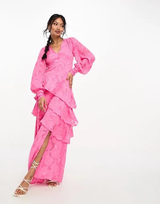 asymmetric ruffle jacquard maxi dress in pink