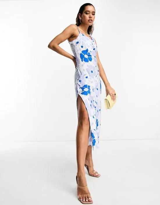 asymmetric shoulder satin midi dress in blue floral print