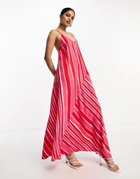 asymmetric stipe strappy maxi dress in pink