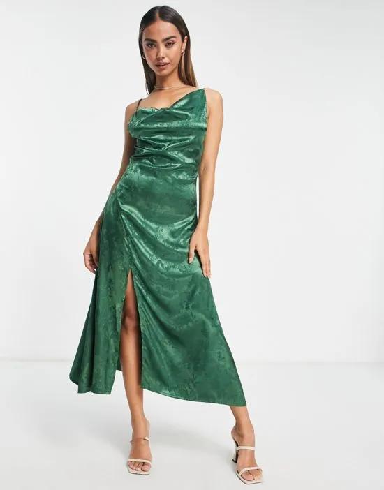 asymmetric strap midi shift dress in green jacquard