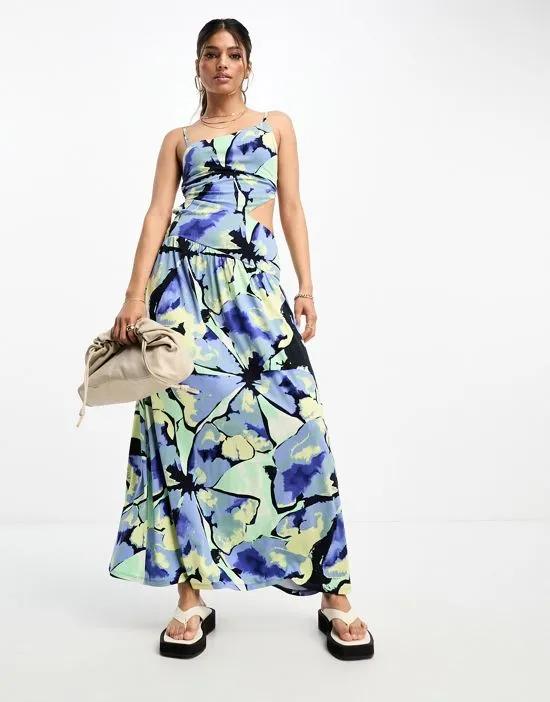 asymmetric strappy maxi dress with cut out side in blue floral print