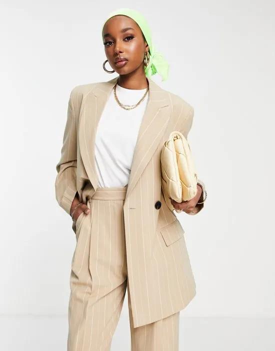 asymmetric suit blazer in pinstripe camel