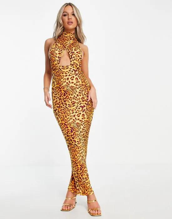 ASYOU cross front halter neck cut-out maxi dress in leopard print