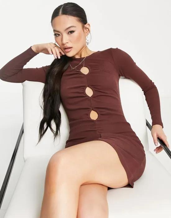 ASYOU cut out long sleeve mini dress in chocolate