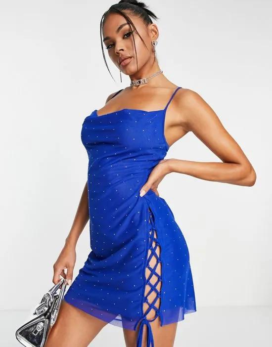 ASYOU diamante hotfix lace up detail mini dress in electric blue