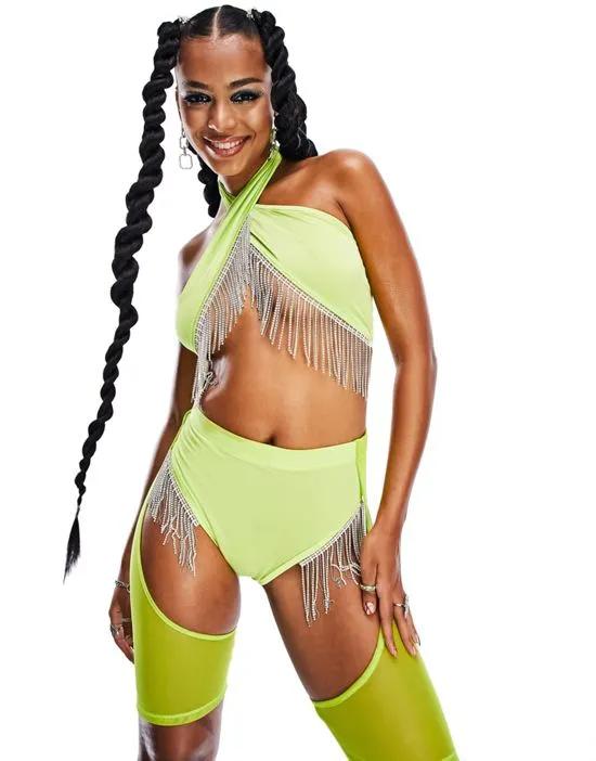 ASYOU festival cross front halter top with diamante trim in lime - part of a set