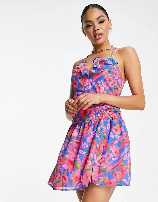 ASYOU frill edge plunge ruched mini dress in floral print