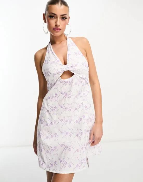 ASYOU knot front halter neck mini dress in lilac eyelet