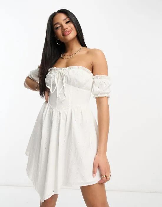 ASYOU lace up broderie bardot mini dress in white