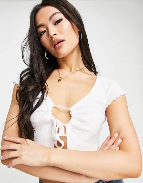 ASYOU pointelle tie front crop top in white