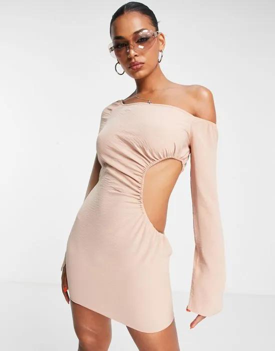 ASYOU ruched cut out bardot mini dress in natural