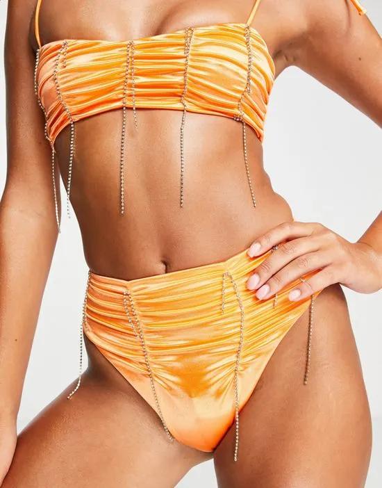 ASYOU ruched diamante trim high waist bikini bottom in orange