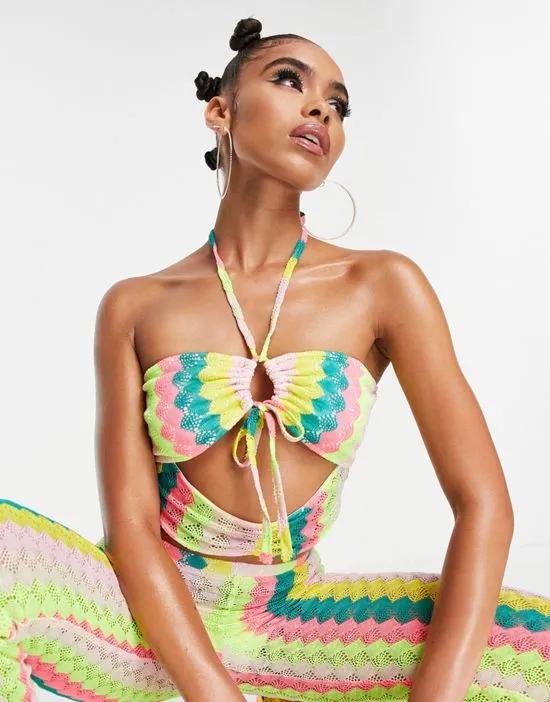 ASYOU ruched halter neck cut out stripe crochet cami top in multi - part of a set